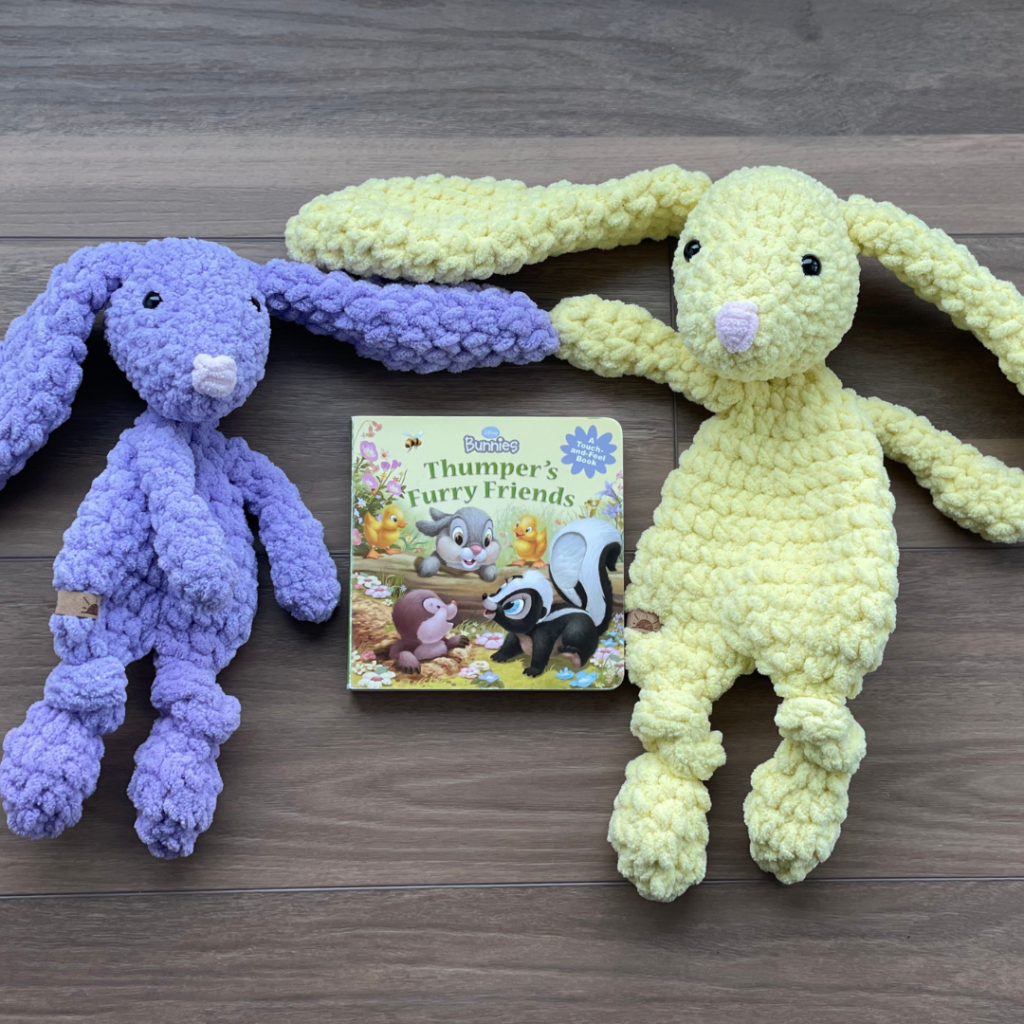 toddler bunny book and stuffed animal
